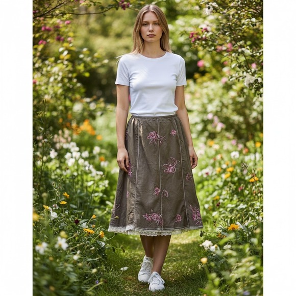 J. Jill Dresses & Skirts - J. Jill Skirt Women 16T Brown Pink Floral Embroidered Lace Boho Cottagecore